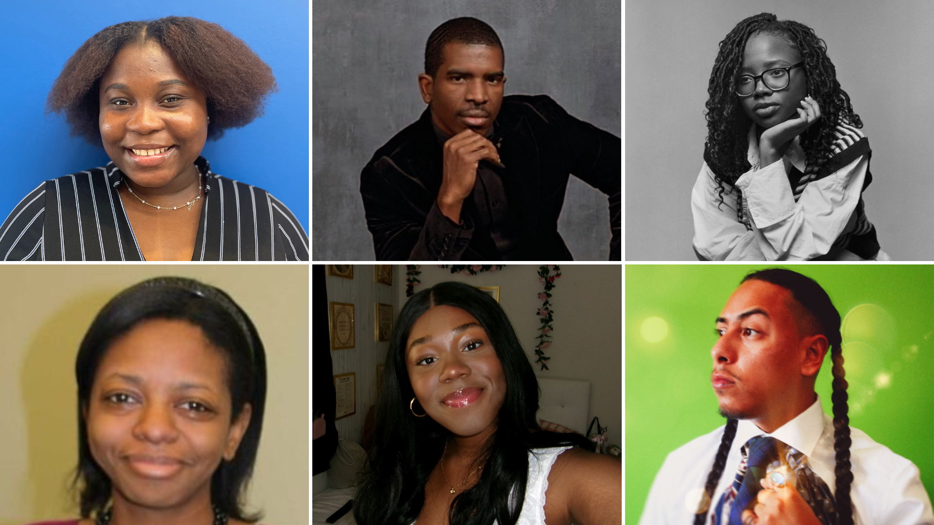 Headshots of the reporting fellows. From top left: Lydia Kai Adjetey, Brian Harper-Pinckney, Jewel Justice, Monique Howard, Asiya Robinson, and Frank Santos.