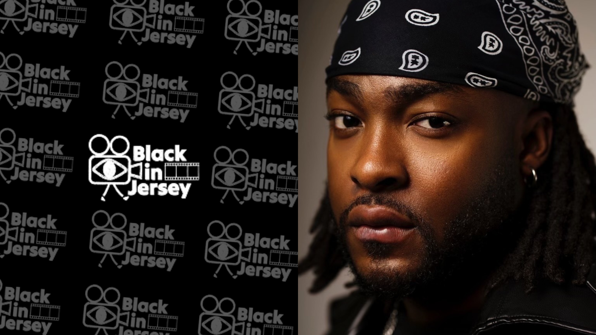 A close-up portrait of Tennyson Donyea wearing a black bandana with white paisley patterns against a backdrop featuring repeating "Black in Jersey" logos and camera icons